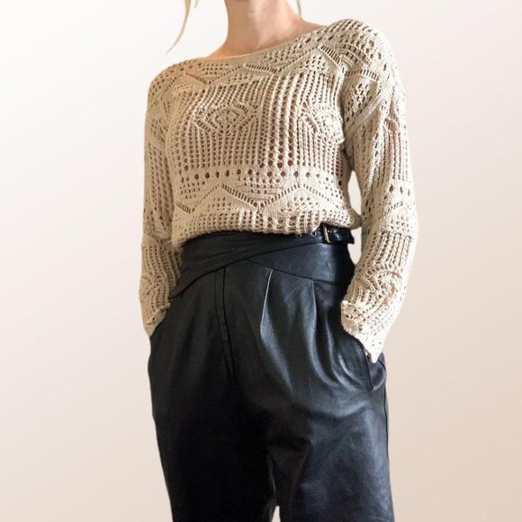 Tops - Crocheted Long Sleeve Tan Boho Drop Shoulders Sweater